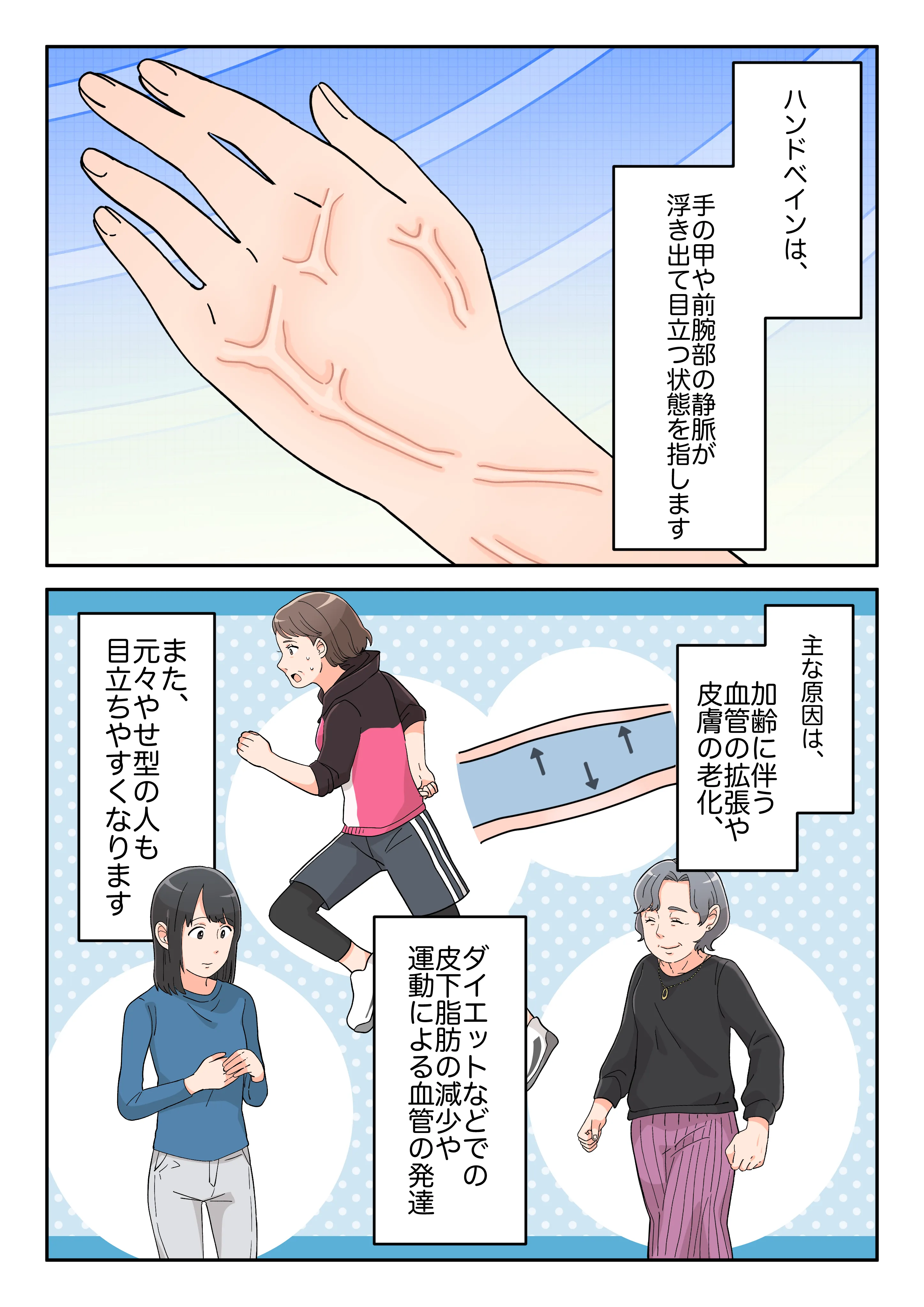 ハンドベインとは、手の甲や前腕部の静脈が浮き出て目立つ状態のことであり、主な原因「加齢」「ダイエット」「やせ型」によるものだと説明している漫画