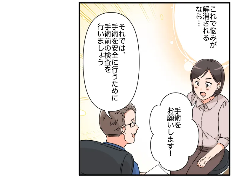「これで悩みが解消されるなら・・」「手術をお願いします!」「それでは、手術を安全に行うために手術前の検査を行いましょう」