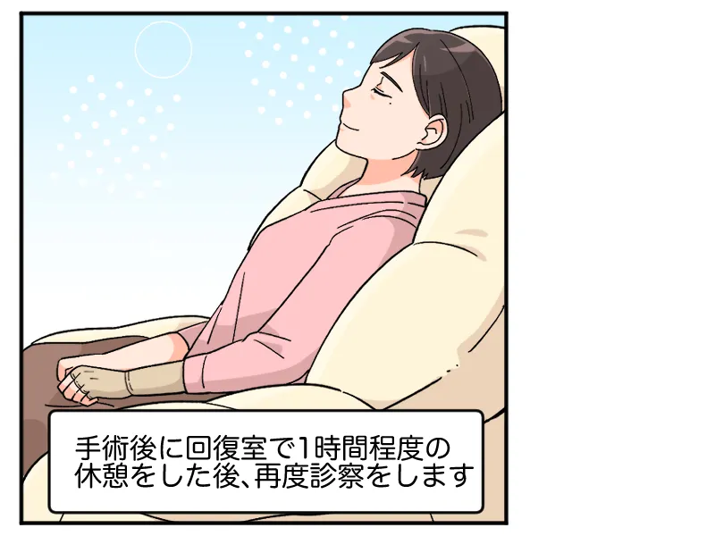 「手術後に回復室で1時間程度の休憩をした後、再度診察をします」