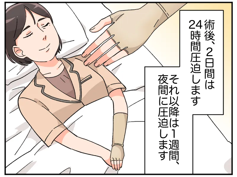 「術後、2日間は24時間圧迫します。それ以降は、1週間、夜間に圧迫します」