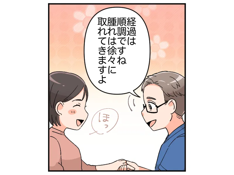 「経過は順調ですね。腫れは徐々に取れてきますよ」「ほっ」